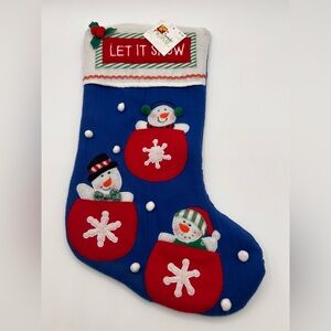 Christmas Felt Stocking Let It Snow Snowman Pocket Appliqued 17" New